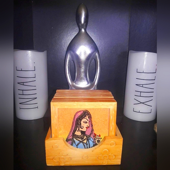7 Piece Coaster Set Wood Glass Top With Holder Boho Gypsy Goddess RARE - Picture 1 of 9